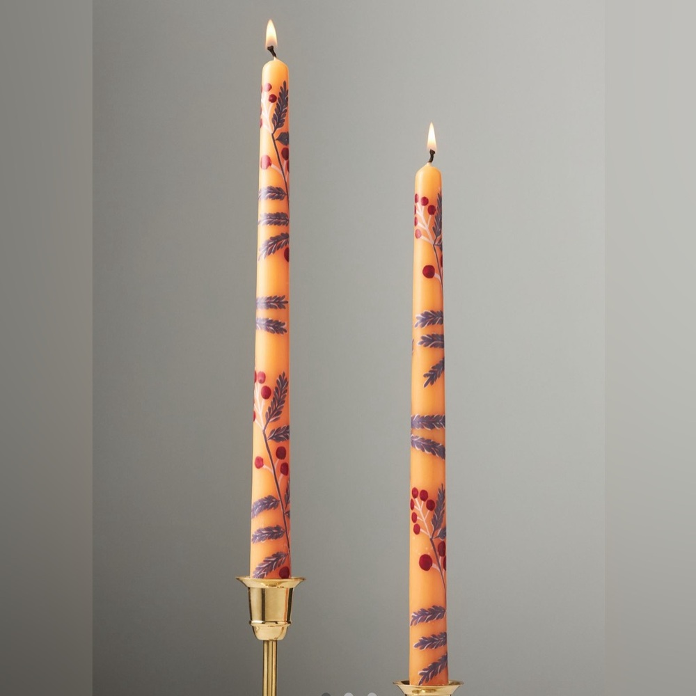 Anthropologie Handpainted Harvest Taper Candles, Set of 2 in Orange NEW
